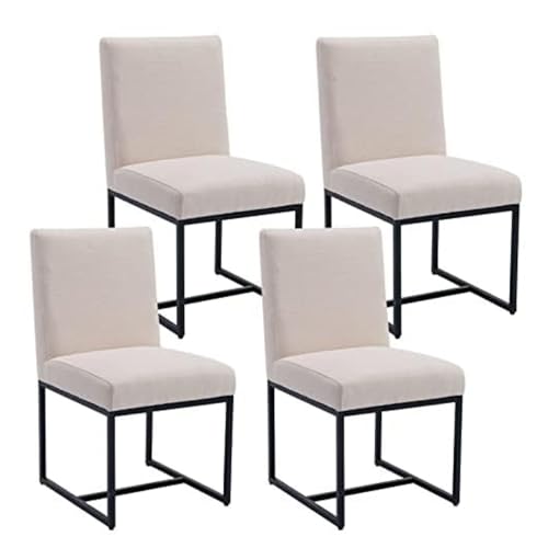 Linen Fabric Modern Dining Chair Set of 4, Black Metal - Cream