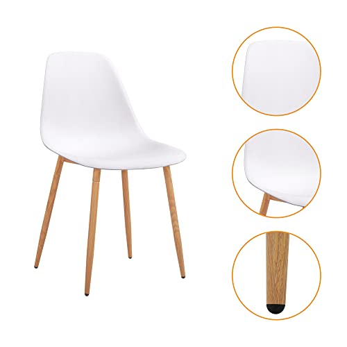 Modern White Plastic Dining Chairs with Wooden Grain Metal Legs - 2 Sets