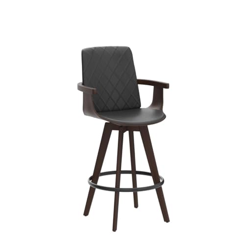 2 Upholstered Faux Leather Swivel Barstools with Wooden Arms and Legs, 25.6-Inch Seat Height - Black, 26 Counter Height