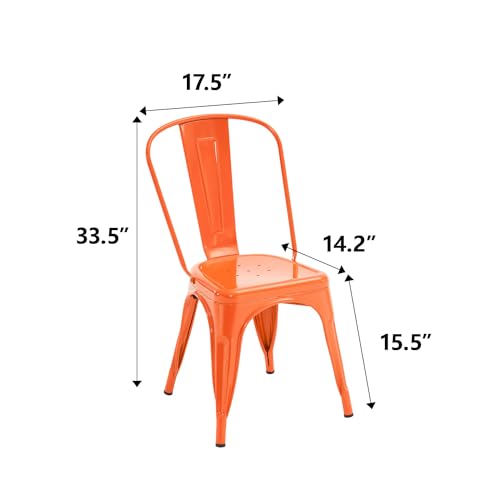 Metal Dining Chair Set for Kitchen, Dining Room, Café, Restaurant, Bistro, Patio - 18 Inch, Stackable, Waterproof Indoor/Outdoor - Set of 4 (Orange, Steel Seat)