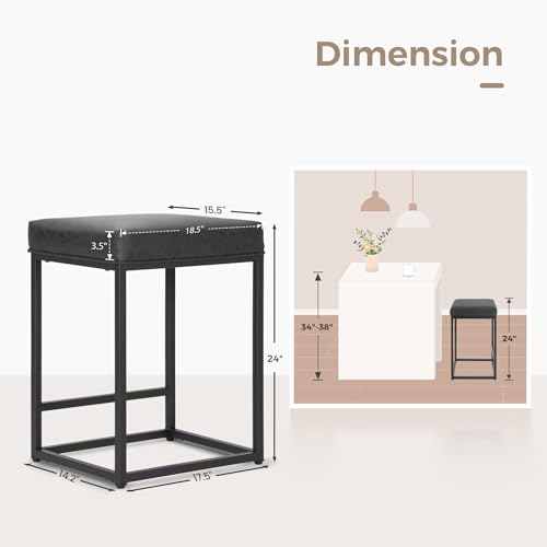 Modern Black 24 Bar Stools Set of 2 for Kitchen Island - Farmhouse Style