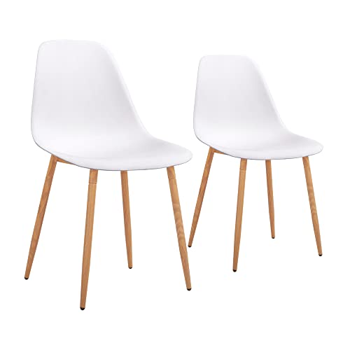 Modern White Plastic Dining Chairs with Wooden Grain Metal Legs - 2 Sets