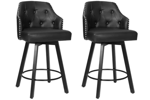 Black Button Tufted Leather Swivel Bar Stool Set, Kitchen Island Chairs