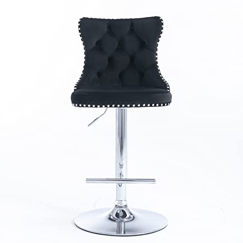 2 Adjustable Velvet Swivel Bar Stools with High Back & Nailhead Trim for Dining Room or Home Bar