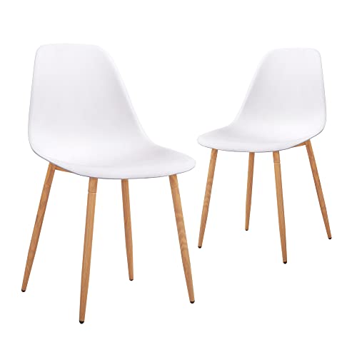Modern White Plastic Dining Chairs with Wooden Grain Metal Legs - 2 Sets