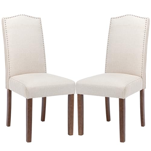 Stylish Dining Chairs with Nailhead Trim and Solid Wood Legs, Set of 2, Cream