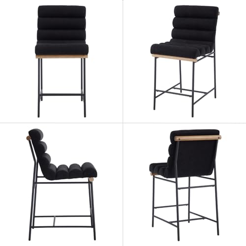 Modern Black Linen Counter Stools with Tufted Back & Cushion, 25" Seat Height