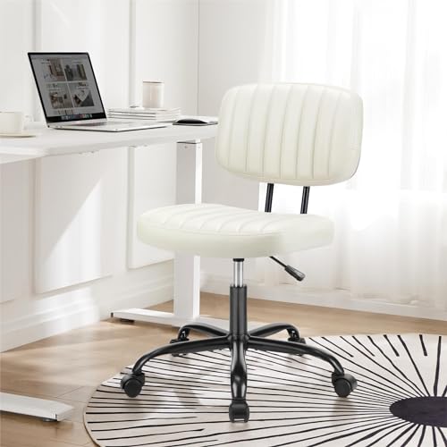 Beige White Ergonomic Desk Chair with Low Back Support and Swivel Wheels