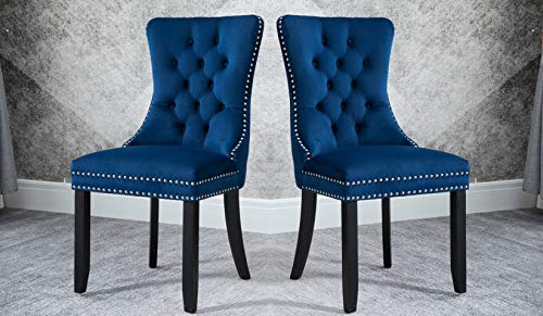 Dining Room and Kitchen Chairs: Set of 2 Modern Velvet Accent Side Chairs in Sapphire Blue