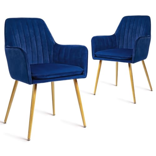 Modern Navy Blue Accent Chairs with Gold Metal Legs, Set of 2 - for Living or Dining Room