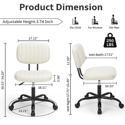 Armless Ergonomic Home Office Chair for Small Spaces - Adjustable Height, Swivel Wheels - Beige White