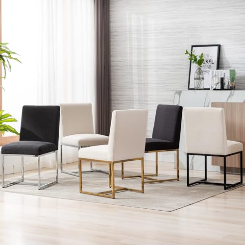 Linen Fabric Modern Dining Chair Set of 4, Black Metal - Cream