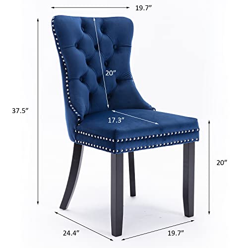 Velvet Dining Chairs Set of 2, Modern Upholstered Tall Back Chairs with Button Back Ring (Blue)