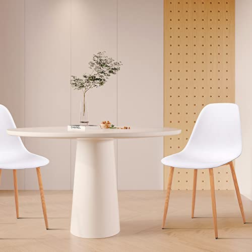 Modern White Plastic Dining Chairs with Wooden Grain Metal Legs - 2 Sets