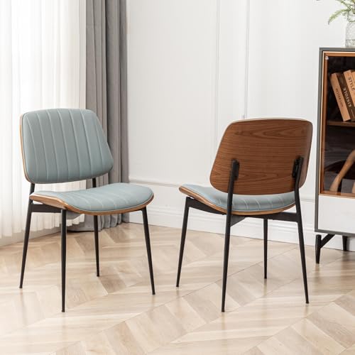 Set of 2 Mid Century Modern Blue Faux Leather Dining Chairs