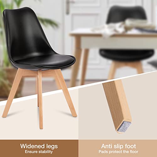 Mid-Century Modern Dining Chairs with Wood Legs and PU Leather Cushion - Set of 4, Black