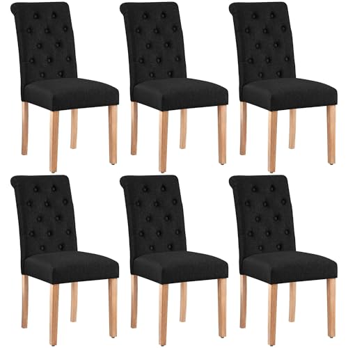 Stylish Set of 6 Upholstered Dining Chairs with Solid Wood Legs for Home (Black)