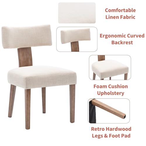 Set of 4 Farmhouse Linen Dining Chairs with Curved Backrest and Hardwood Frame