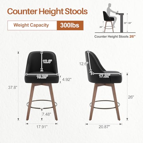 3-Piece Set of Mid-Century Bar Stools with Swivel and Back, 26 Inch Seat Height, Black PU Leather Upholstery - For Kitchen Island, Bar, Pub