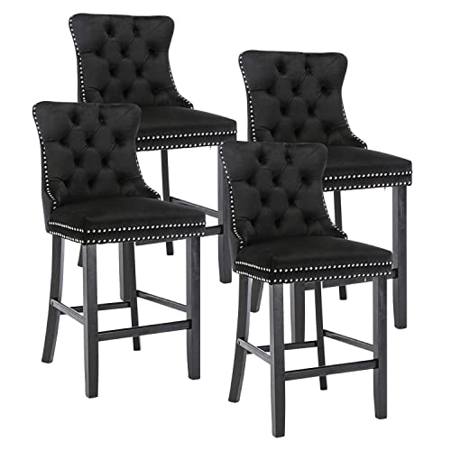 Modern Velvet Bar Stools Set of 4, 27 with Decorative Details for Kitchen, Cafe, Pub
