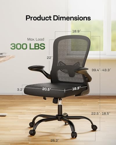 Mesh Back Office Chair with Adjustable Lumbar Support and Flip-up Armrests for Home Office (Bright Black)