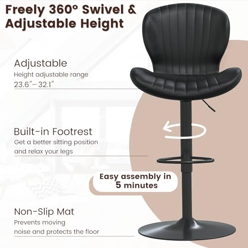 Modern Black Adjustable Bar Stools for Kitchen Island - Set of 2