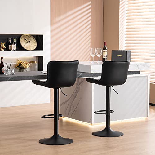 2 Black Swivel Bar Stools with Back, Adjustable Height - 24 inch Counter Stools for Kitchen Island