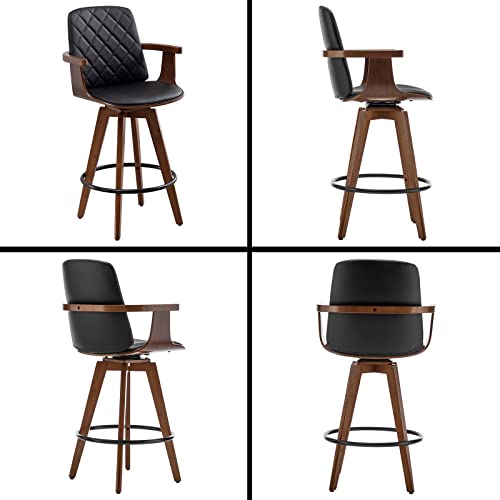 2-Piece Black Counter Height Upholstered Swivel Barstools with Wood Arms Legs