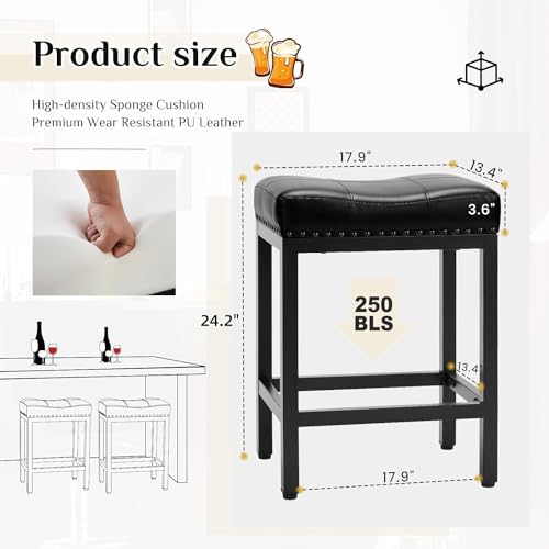 Set of 2 Modern Black PU Leather Bar Stools for Kitchen Island, 24 inch Counter Height