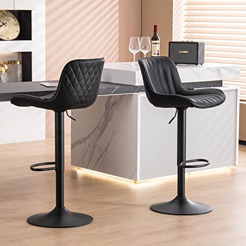 Modern Swivel Barstools - Set of 2 Adjustable Counter Height Stools - Black
