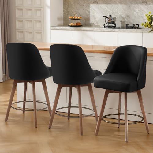 3-Piece Set of Mid-Century Bar Stools with Swivel and Back, 26 Inch Seat Height, Black PU Leather Upholstery - For Kitchen Island, Bar, Pub