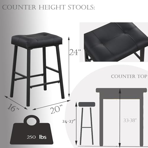 Black Saddle Bar Stools Set of 2, 24 Inch Height with Upholstered Seat - for Kitchen and Dining