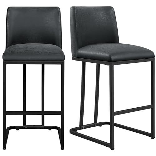 Modern Leather Bar Stools Set of 2 - 24'' Counter Height Chairs for Kitchen Counter