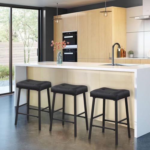Black Saddle Bar Stools Set of 2, 24 Inch Height with Upholstered Seat - for Kitchen and Dining
