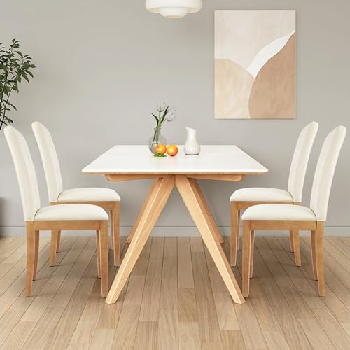 Set of 4 Modern Armless Dining Chairs, Beige & Wood Legs