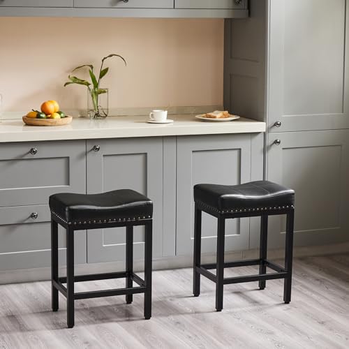 Set of 2 Modern Black PU Leather Bar Stools for Kitchen Island, 24 inch Counter Height
