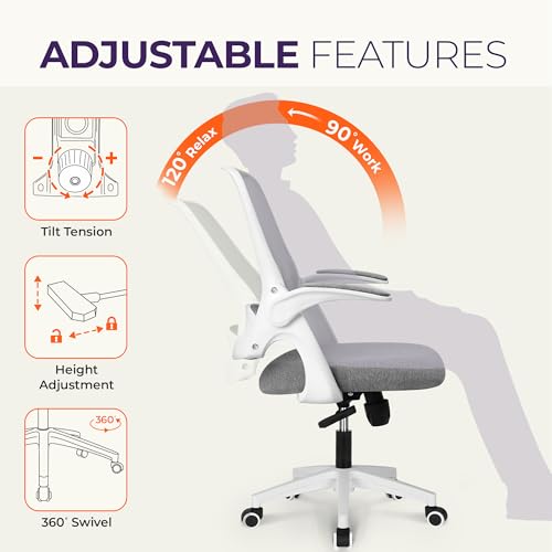 Ergonomic Grey Mesh Office Chair with Flip-Up Arms and Height Adjustment for Home Study