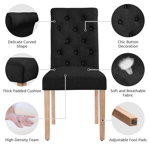 Stylish Set of 6 Upholstered Dining Chairs with Solid Wood Legs for Home (Black)