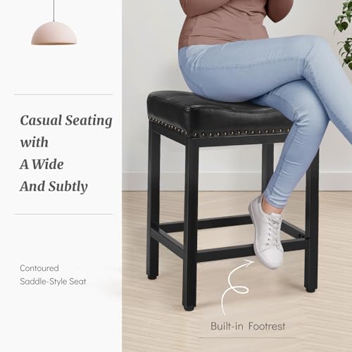 Set of 2 Modern Black PU Leather Bar Stools for Kitchen Island, 24 inch Counter Height