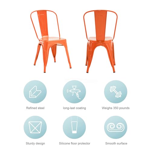 Metal Dining Chair Set for Kitchen, Dining Room, Café, Restaurant, Bistro, Patio - 18 Inch, Stackable, Waterproof Indoor/Outdoor - Set of 4 (Orange, Steel Seat)