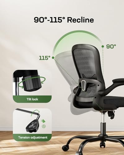 Mesh Back Office Chair with Adjustable Lumbar Support and Flip-up Armrests for Home Office (Bright Black)