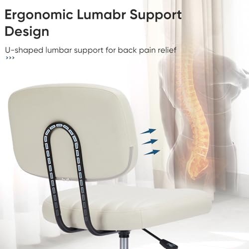Armless Ergonomic Home Office Chair for Small Spaces - Adjustable Height, Swivel Wheels - Beige White