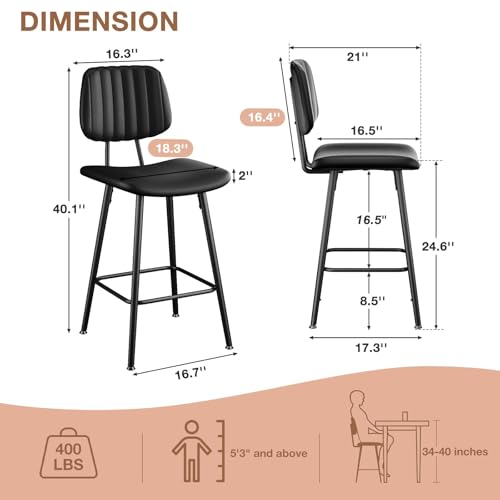 Set of 2 Modern 24.6 Inch Bar Stools for Kitchen Dining, Black