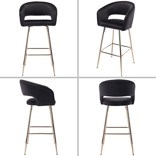 Simplified title: Set of 2 Black Velvet Bar Stools with Gold Upholstery, Modern Kitchen Island Chairs