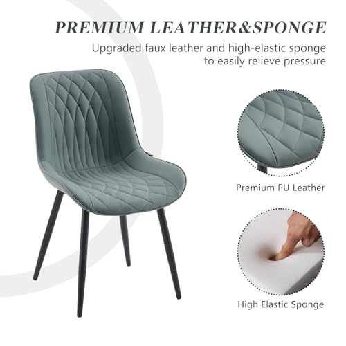 Modern High Back Dining Chairs Set of 2 in Greyish Green Faux Leather with Metal Legs