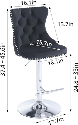 2 Adjustable Velvet Swivel Bar Stools with High Back & Nailhead Trim for Dining Room or Home Bar