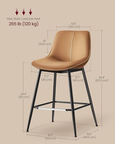 Set of 2 Bar Stools with Backrest for Kitchen Island Home Bar, Caramel Brown
