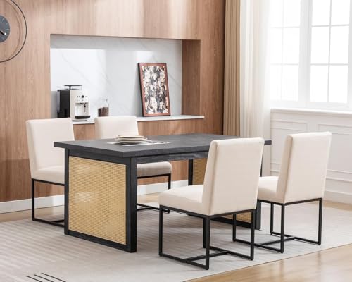 Modern Dining Chairs Set of 4, Linen Fabric with Black Metal Frame - Cream
