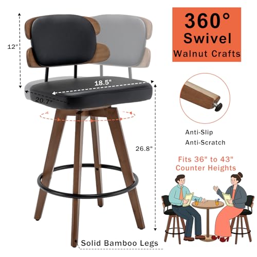 Modern Swivel Bar Stools - Set of 2, Upholstered Faux Leather, Ideal for Kitchen/Counter/Bar/Island (Walnut Black)
