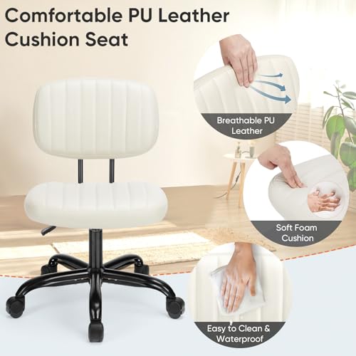 Armless Ergonomic Home Office Chair for Small Spaces - Adjustable Height, Swivel Wheels - Beige White